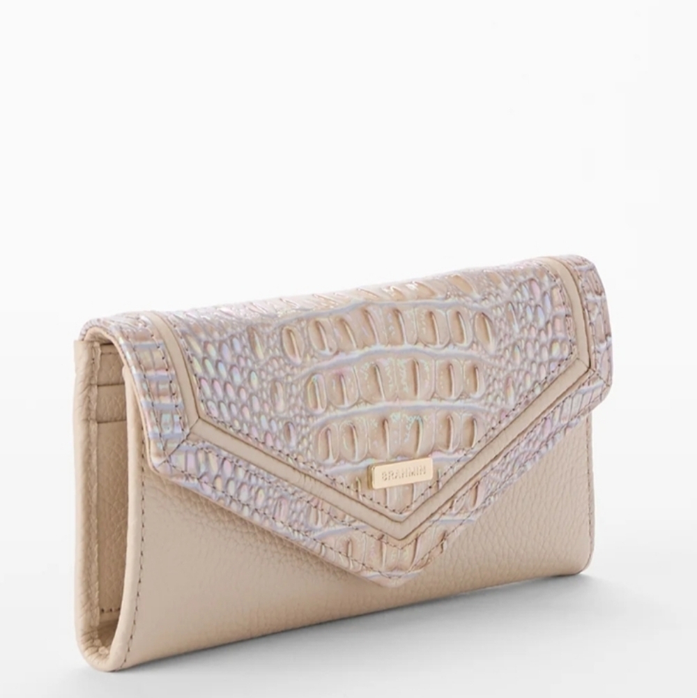 Brahmin Iridescent Croc-Embossed Flap Pebble Wallet in Beige